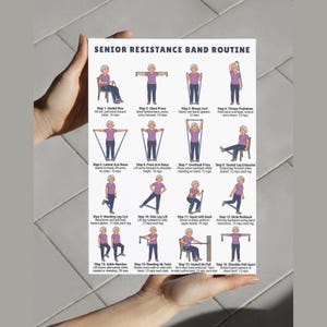 Puede incluir: Un p&oacute;ster titulado "SENIOR RESISTANCE BAND ROUTINE" con ejercicios ilustrados con bandas de resistencia. Los ejercicios incluyen remo sentado, press de pecho, curl de b&iacute;ceps, extensiones de tr&iacute;ceps y m&aacute;s. El p&oacute;ster est&aacute; sostenido por una persona.