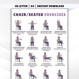 Pu&ograve; includere: Un grafico di esercizi viola e bianco intitolato "Chair/Seated Exercises". Il grafico mostra illustrazioni di vari esercizi da seduti, tra cui spinte per le spalle, cerchi con le braccia, bicipiti e piegamenti laterali. Il testo "US LETTER | A4 | INSTANT DOWNLOAD" &egrave; in alto.