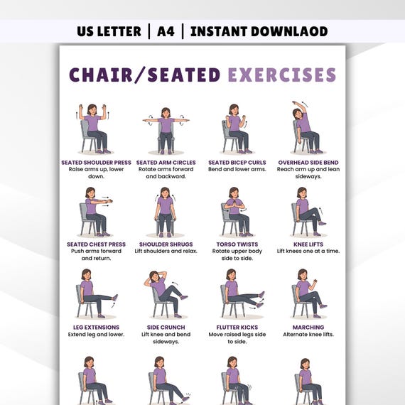 Chair & Seated Exercises: Gentle Workout PDF , Low Impact Fitness for Seniors Adults, Printable Exercise Chart, Instant Download