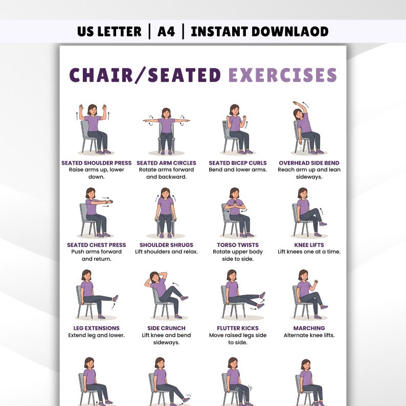 Pu&ograve; includere: Un grafico di esercizi viola e bianco intitolato "Chair/Seated Exercises". Il grafico mostra illustrazioni di vari esercizi da seduti, tra cui spinte per le spalle, cerchi con le braccia, bicipiti e piegamenti laterali. Il testo "US LETTER | A4 | INSTANT DOWNLOAD" &egrave; in alto.