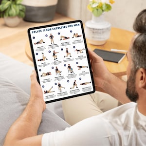 May include: A tablet displaying a guide titled "PELVIC FLOOR EXERCISES FOR MEN." The guide features illustrated exercises with numbered instructions. The tablet is held by a person, with a blurred background including a couch, a side table, and a vase of flowers.