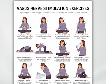 Puede incluir: Un imprimible blanco con el título "Ejercicios de estimulación del nervio vago" e ilustraciones de 16 prácticas suaves para apoyar la relajación, la respiración tranquila y el equilibrio del sistema nervioso. El texto incluye instrucciones para cada ejercicio.