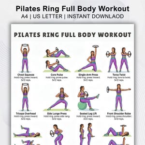 Könnte beinhalten: Ein Pilates-Ring-Ganzkörper-Workout-Guide mit Illustrationen von Übungen. Die Übungen umfassen Chest Squeeze, Core Pulse, Single-Arm Press, Torso Twist, Triceps Overhead, Side Lunge Press, Seated Leg Lift und Front Shoulder Raise.