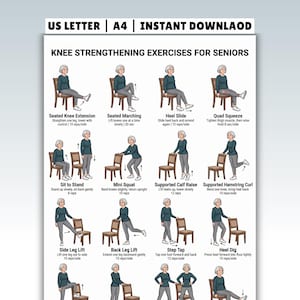 May include: A digital poster titled KNEE STRENGTHENING EXERCISES FOR SENIORS, featuring illustrations of a person performing various movements with a chair. Text includes US LETTER | A4 | INSTANT DOWNLAOD and instructions for twelve exercises.