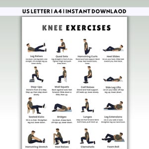 Knieübungen Diagramm zum ausdrucken, kniefreundliches Poster, Workout-Routinen für Erwachsene, Heimtrainingsplan Pdf