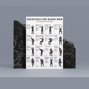 May include: A poster titled "Exercises for Older Men" with 16 dumbbell exercises illustrated. The exercises include bicep curls, front raises, side raises, shoulder press, bent-over rows, chest press, reverse fly, and deadlifts. The poster is displayed on a gray surface.