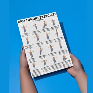 Op de afbeelding: Een witte oefenkaart met de titel "ARM TONING EXERCISES FOR WOMEN" wordt door twee handen tegen een blauwe achtergrond gehouden. De kaart toont ge&iuml;llustreerde armoefeningen met instructies.