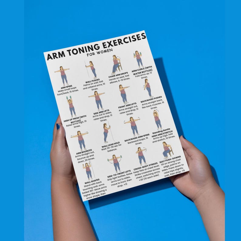 Op de afbeelding: Een witte oefenkaart met de titel "ARM TONING EXERCISES FOR WOMEN" wordt door twee handen tegen een blauwe achtergrond gehouden. De kaart toont ge&iuml;llustreerde armoefeningen met instructies.