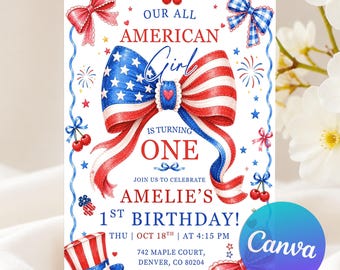 All American Girl Birthday Invitation, One All American Girl 1st Birthday Invites, Bow Girl First Birthday, Red White Blue, Editable Canva