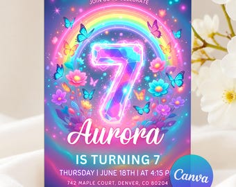 7. Geburtstagseinladung, Mädchen 7. Geburtstag Party-Einladung, Schmetterlings-Einladung, Regenbogen zum siebten Geburtstag einladen, bearbeitbare Canva-Vorlage