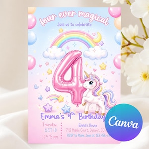 Magical Party Invite,Fourth birthday,unicorn invitation,4th birthday,Unicorn Rainbow,four ever invitation,four ever invite,Unicorn Invite,Unicorn 4th Birthday,4th Birthday Invite,Four Ever Magical,four ever unicorn,rainbow invite,unicorn party invite,unicorn invite,unicorn invitation,four ever magical,pastel unicorn,rainbow unicorn,4th birthday girl,unicorn rainbow,magical unicorn,invitation girl,Pastel rainbow,Unicorn birthday,for girls,party invitation,invite digital,editable canva,Unicorn