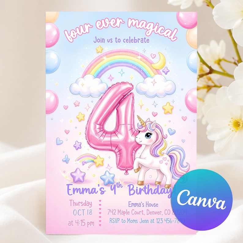 Magical Party Invite,Fourth birthday,unicorn invitation,4th birthday,Unicorn Rainbow,four ever invitation,four ever invite,Unicorn Invite,Unicorn 4th Birthday,4th Birthday Invite,Four Ever Magical,four ever unicorn,rainbow invite,unicorn party invite,unicorn invite,unicorn invitation,four ever magical,pastel unicorn,rainbow unicorn,4th birthday girl,unicorn rainbow,magical unicorn,invitation girl,Pastel rainbow,Unicorn birthday,for girls,party invitation,invite digital,editable canva,Unicorn
