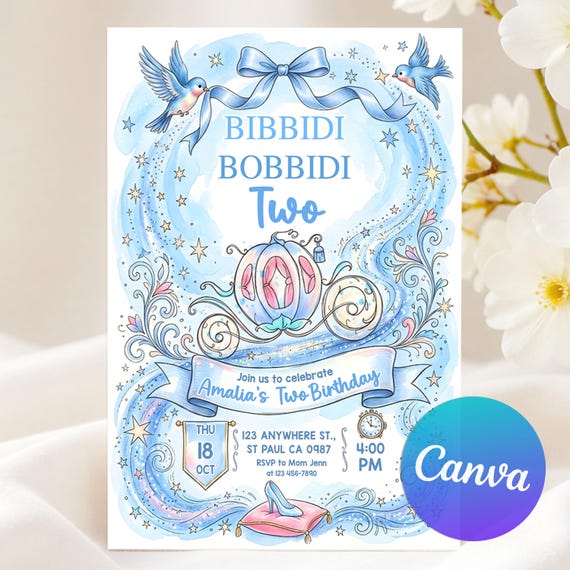 Bippity Boppity Two Birthday Invitation, Bippity Boppity Two Year Birthday Invite, Second Birthday Princess Invitation, Editable Canva