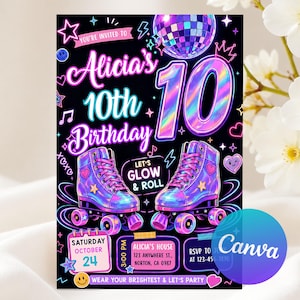 Może przedstawiać: Czarna kartka z zaproszeniem na urodziny z holograficzną kulą dyskotekową, dwiema opalizującymi wrotkami i tekstem: You're invited to Alicia's 10th Birthday, Let's Glow & Roll, Saturday October 24, 3:00 PM, Alicia's House, 123 Anywhere St., Norton, CA 0987.