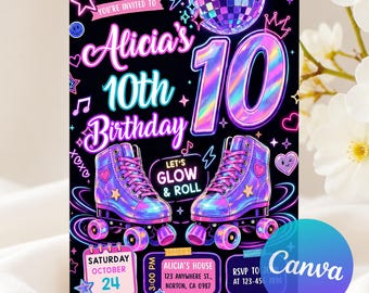 Roller Skating Birthday Invitation, Glow Roller Skating Party, Neon Skate Party Invite, Retro Neon Lights, Retro Neon Lights, Editable Canva