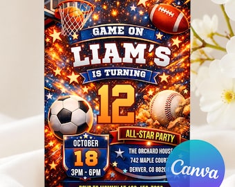 Sports Birthday Invitation, Editable Sports Invitation, Sports Party Birthday Invite, Sports Flyer, All Star Sports Invite, Editable Canva