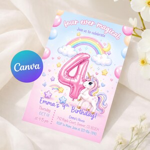 Magical Party Invite,Fourth birthday,unicorn invitation,4th birthday,Unicorn Rainbow,four ever invitation,four ever invite,Unicorn Invite,Unicorn 4th Birthday,4th Birthday Invite,Four Ever Magical,four ever unicorn,rainbow invite,unicorn party invite,unicorn invite,unicorn invitation,four ever magical,pastel unicorn,rainbow unicorn,4th birthday girl,unicorn rainbow,magical unicorn,invitation girl,Pastel rainbow,Unicorn birthday,for girls,party invitation,invite digital,editable canva,Unicorn