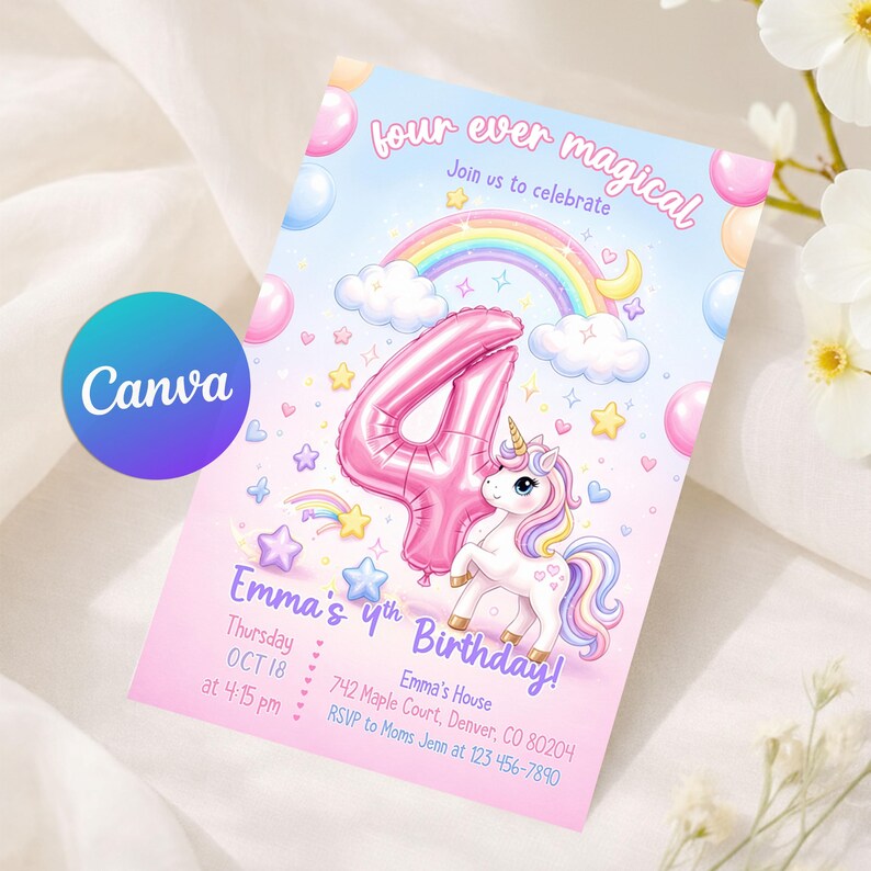 Magical Party Invite,Fourth birthday,unicorn invitation,4th birthday,Unicorn Rainbow,four ever invitation,four ever invite,Unicorn Invite,Unicorn 4th Birthday,4th Birthday Invite,Four Ever Magical,four ever unicorn,rainbow invite,unicorn party invite,unicorn invite,unicorn invitation,four ever magical,pastel unicorn,rainbow unicorn,4th birthday girl,unicorn rainbow,magical unicorn,invitation girl,Pastel rainbow,Unicorn birthday,for girls,party invitation,invite digital,editable canva,Unicorn