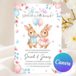 May include: A gender reveal invitation featuring two cartoon bunnies holding balloons. The text reads "He or She, What will our little bunny be?" and includes details for a celebration in honor of Sarah & James.