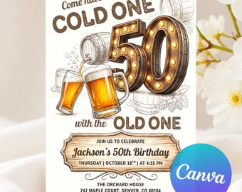 May include: A 50th birthday invitation card featuring the text Come have a COLD ONE with the OLD ONE. The design includes illustrations of beer barrels, two beer glasses, and a large number 50 with lights. It lists Jackson's 50th Birthday, Thursday, October 18th at 4:15 PM, The Orchard House, 742 Maple Court, Denver, CO 80204, and RSVP to Jennifer at (123) 456-7890.