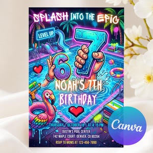 Op de afbeelding: Een kleurrijke uitnodiging voor Noah's 7e verjaardag, met een zwembadscène met een waterglijbaan, een flamingo-drijver en de cijfers 6 en 7. De tekst luidt "SPLASH INTO THE EPIC" en bevat feestdetails.