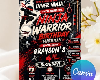 Puede incluir: Una tarjeta de invitación de cumpleaños rectangular con temática ninja en negro, rojo y blanco. El texto dice: It's time to train, jump & unleash your inner ninja! You're invited to a Ninja Warrior Birthday Mission to celebrate Grayson's 4th birthday.