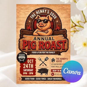 May include: A rectangular invitation card with a wood grain background featuring a cartoon pig wearing sunglasses. Text reads: THE HENRY'S 2026 ANNUAL PIG ROAST, FOOD & FUN FOR THE FAMILY, OCT 24TH SATURDAY 6PM-8PM, THE HENRY'S HOUSE 123 ANYWHERE STREET, SAINT PAUL, CA 0987.