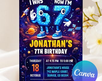 Sechs Sieben Geburtstagseinladung, 7. Geburtstagsjungen-Einladung, ich war 6, jetzt bin ich 7. Geburtstag einladen, 6 bis 7 Geburtstag einladen, bearbeitbares Canva