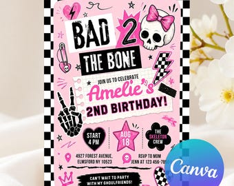 Bad Two the Bone Geburtstagseinladung, Mädchen zweite Geburtstagsfeier, Bad to the Bone Party einladen, 2 Jahre altes Mädchen Einladung, bearbeitbare Canva