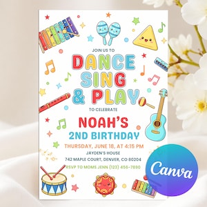 Peut inclure: Une invitation d'anniversaire colorée avec des instruments de musique et le texte "DANCE SING & PLAY" pour célébrer le 2e anniversaire de Noah. L'invitation comprend la date, l'heure et le lieu, avec un logo Canva.