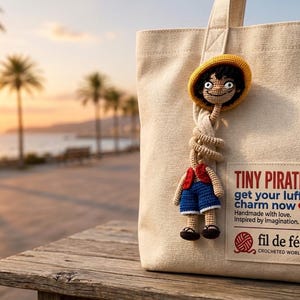 Peut inclure: Un sac fourre-tout en toile beige avec une breloque personnage crochetée portant un chapeau jaune, un gilet rouge et un short bleu. Une étiquette rectangulaire affiche le texte : TINY PIRATE. get your luffy charm now. Handmade with love. Inspired by imagination. fil de fée CROCHETED WORLDS.