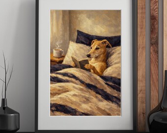 Greyhound Reading in Bed Print | DIGITAL DOWNLOAD | Cosy Bedroom Wall Art | Book Lover Gift | Dog Art