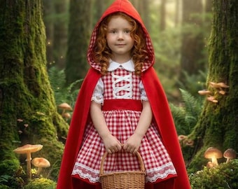 Vestito da Cappuccetto Rosso, Cosplay fatto a mano da Cappuccetto Rosso, Vestito da compleanno, Vestito a quadretti rossi, Costume con mantello con cappuccio, Abbigliamento per bambine