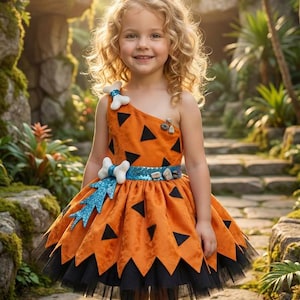 May include: Orange and black costume dress with a one-shoulder design, featuring black triangle accents and a black tulle hem. The dress includes a blue sequined belt and bone-shaped details, perfect for a themed party or Halloween.