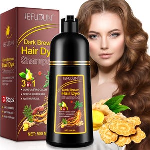May include: A black bottle of SEFUDUN Dark Brown Hair Dye Shampoo with a gold label, next to a matching box. The label highlights 3-in-1 benefits: long-lasting colour, deep nourishment, and anti-hair fall. The image also features a woman with brown hair and ginger root.