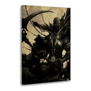 Puede incluir: Impresión en lienzo que presenta una ilustración oscura en tonos sepia de una figura con una guadaña y cadenas. La figura está cubierta con una capa y tiene una cara de calavera, con una capa grande y un emblema blanco en el pecho. La obra tiene un estilo gótico de cómic.