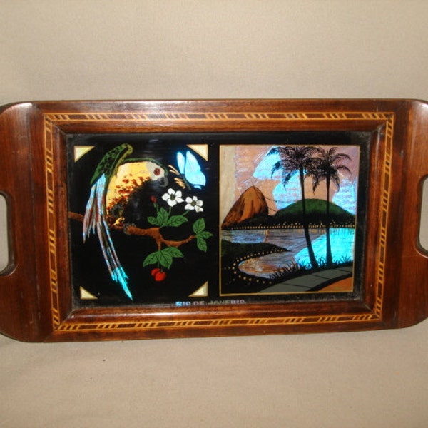 Vintage 1930's BUTTERFLY WINGS Picture Tray ~ Inlaid Wood ~ Parrot ~ Tropical Trees ~ 14-1/4" x 7-3/8"=