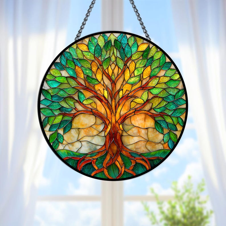 Stained Glass Tree of Life Window Hanging, Spring Nature Window Decor ...