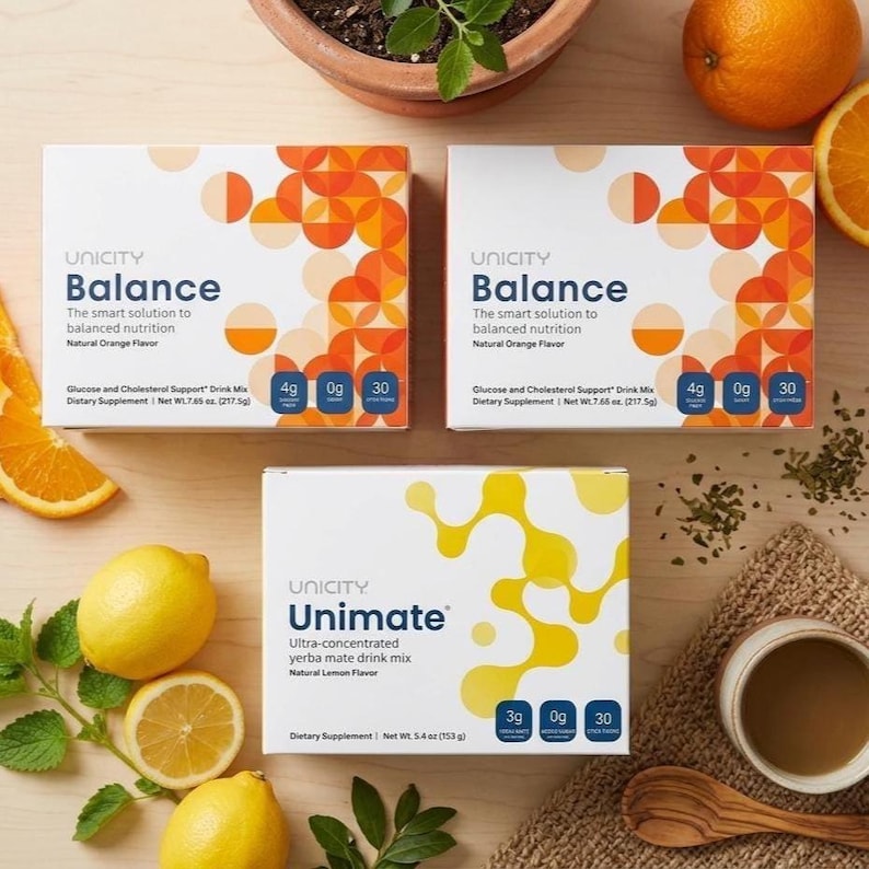 Mezcla para bebida Unicity Balance Naranja y Unimate Limón – Salud metabólica, energía, digestión imagen 1