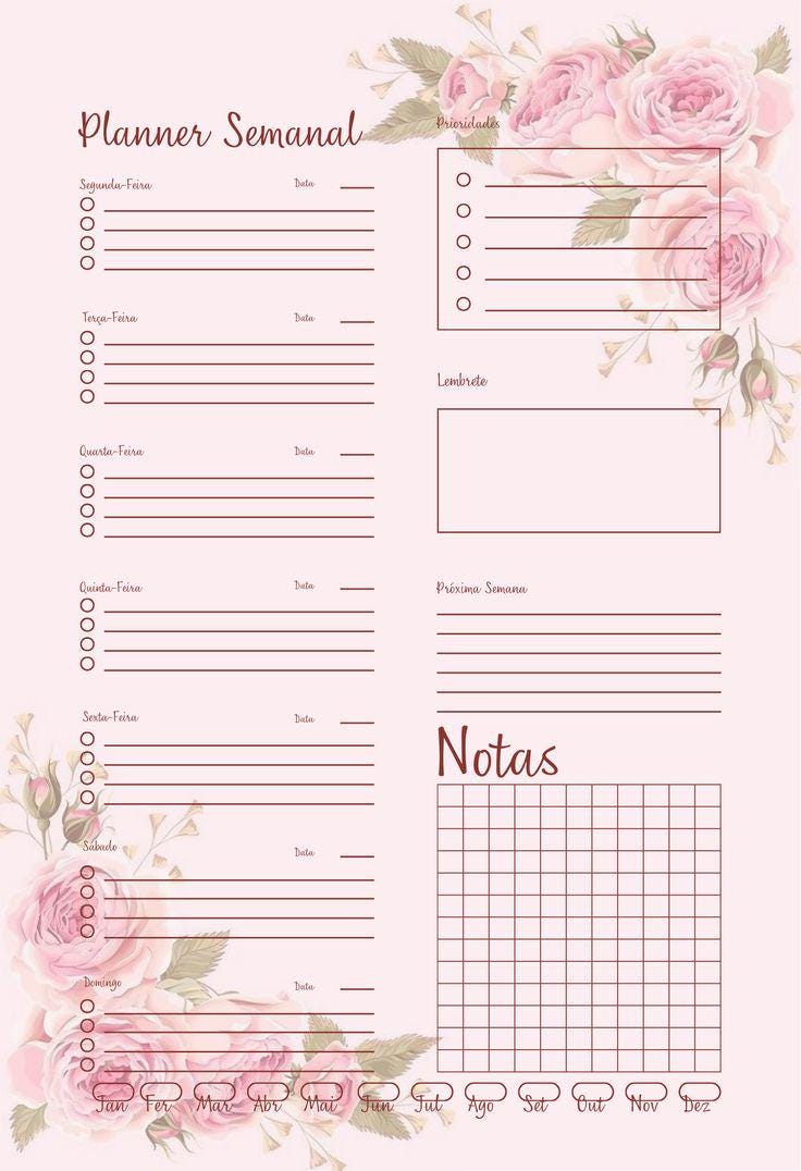 Floral Weekly Planner Printable | Rose Design (instant Download) - Etsy