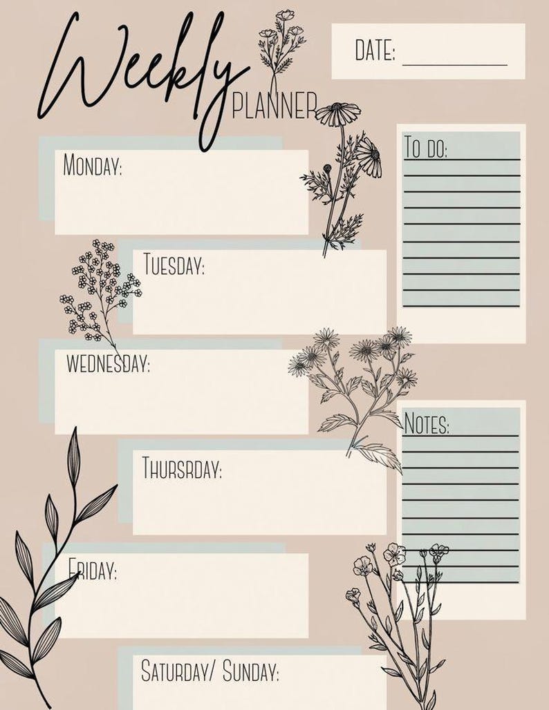 Floral Weekly Planner Printable | Elegant Botanical Organizer (PDF) - Etsy