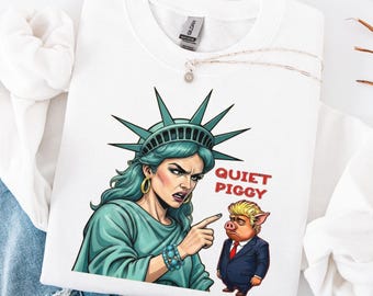 Quiet Piggy Liberty Edition Graphic Tshirt- Unisex Gray Sweatshirt with Bold Statue of Liberty & Pig Design