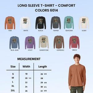 May include: A display of long-sleeve t-shirts in various colors, including yam, white, black, and seafoam. The shirts feature a graphic design and are available in sizes S to 2XL, with measurements provided in inches.