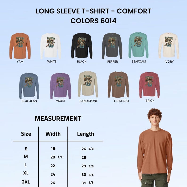 May include: A display of long-sleeve t-shirts in various colors, including yam, white, black, and seafoam. The shirts feature a graphic design and are available in sizes S to 2XL, with measurements provided in inches.