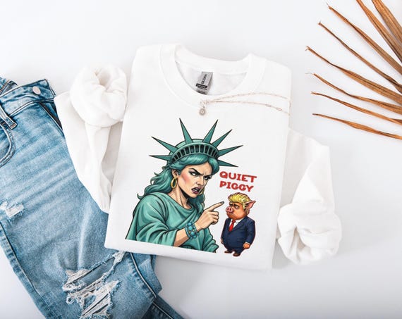 Quiet Piggy Liberty Edition Graphic Tshirt- Unisex Gray Sweatshirt with Bold Statue of Liberty & Pig Design