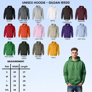 May include: A display of unisex hoodies in various colors, including black, gray, white, red, orange, pink, and green. The image also includes a size chart with measurements in inches for width and length.