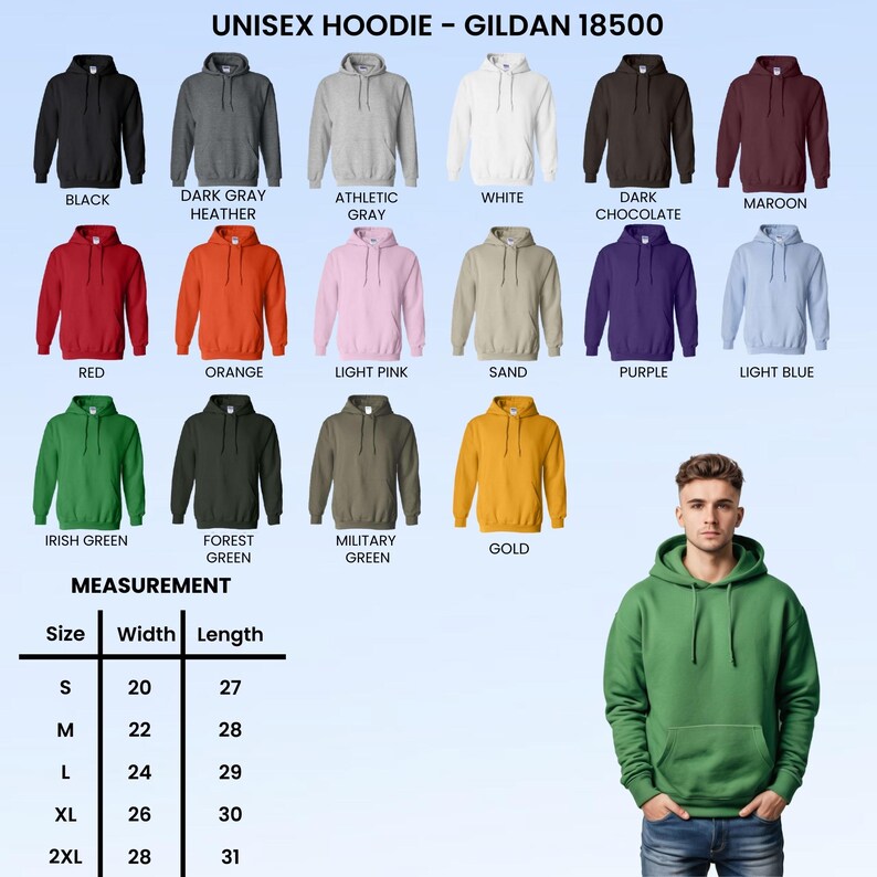 May include: A display of unisex hoodies in various colors, including black, gray, white, red, orange, pink, and green. The image also includes a size chart with measurements in inches for width and length.