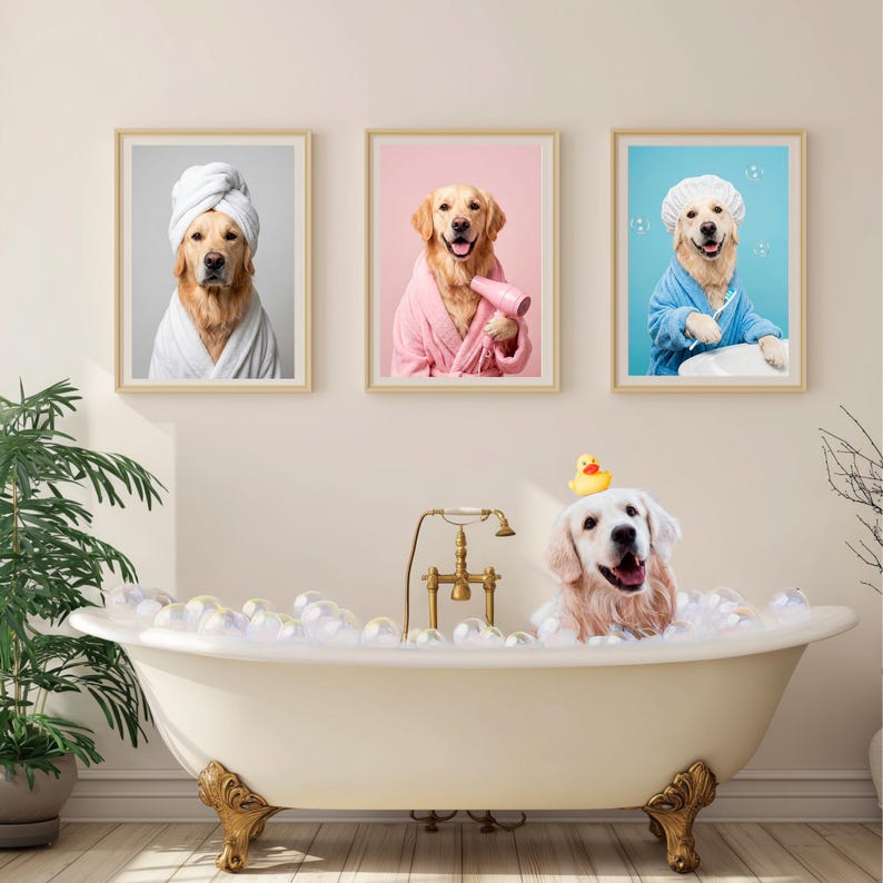 Set of 4 Custom Pet Portraits, Fun Dogs, Bathroom Art, Digital Download ...