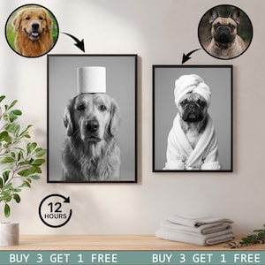 Puede incluir: Dos impresiones enmarcadas en blanco y negro de perros. Una muestra un Golden Retriever con un rollo de papel higiénico en la cabeza. La otra representa un Bulldog Francés con una bata y toalla blancas. Pequeñas imágenes de cada perro en las esquinas superiores.