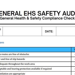 Puede incluir: Documento blanco titulado "GENERAL EHS SAFETY AUDIT" con el subtítulo "General Health & Safety Compliance Check". Incluye secciones para "PERFORMED BY" y "DATE". Una lista de verificación de las condiciones del lugar de trabajo incluye elementos como "Los pasillos y las vías de acceso están libres de obstáculos".